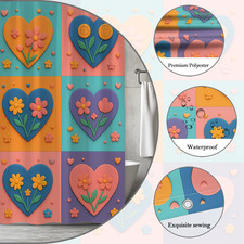 Colorful Floral Shower Curtain with Heart Design, Cute and Fun