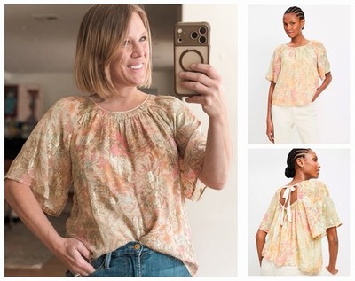 NWT Ann Taylor LOFT Cream Pink Gold Floral Blouse Flutter Sleeve Tie  Small Top