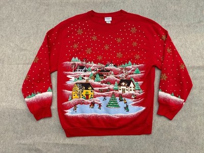 Vintage Holiday Time Christmas Village Puff Paint Glitter Crewneck Sweatshirt M
