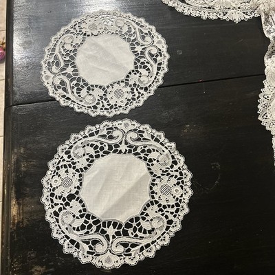 Antique  2 Doilies Italian Point de Venice Figural Lace Dragons