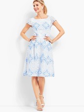 NEW Talbots RSVP Flower Lace Jacquard Fit & Flare Dress Blue White Back Zip 14