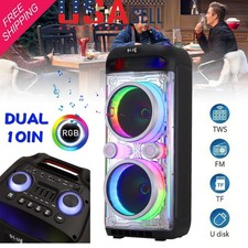 Dual 10''Portable Bluetooth Party Speaker Subwoofer Rechargeable Speaker W/Mic