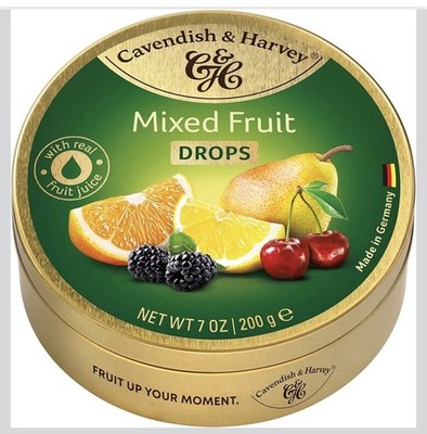 Cavendish & Harvey Mixed Fruit Drops Tin 200g With Real Fruit Juice Hard Candy
