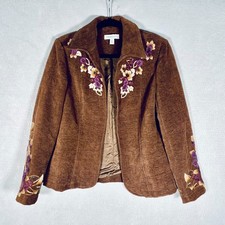Coldwater Creek Jacket 6 Brown Corduroy Floral Embroidered Cottage Boho Festival