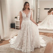 Lace Wedding Dress Backless Sheer Vneck A-Line Long Beach Bridal Gown Sleeveless
