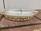 Vintage Pyrex Divided Casserole Dish 37 Golden Gold Leaf Acorn 1-1/2 Qt w/ Lid