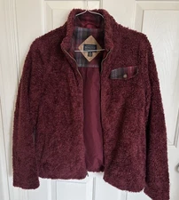 Pendelton Womens M Sherpa Fleece Burgundy Full Zip Tartan Plaid Pocket Accent