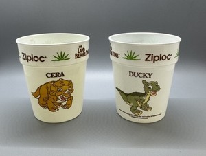 Lot Of 2 The Land Before Time Ziploc Plastic Cups - Ducky & Cera 1988