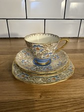 vintage Royal Stafford bone china teacup/saucer set with blue,floral gold chintz