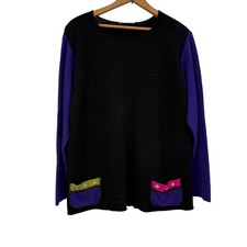 Vintage Margaret Winters Colorblock Knit Sweater XL Black Purple Cotton Made USA