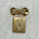 Book Picture Locket with Bow Vintage Goldtone Locket Brooch Pin Square