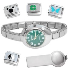 Dark Green Oval Italian Charm Watch Bracelet Plus Charm Tool Enamel Charms