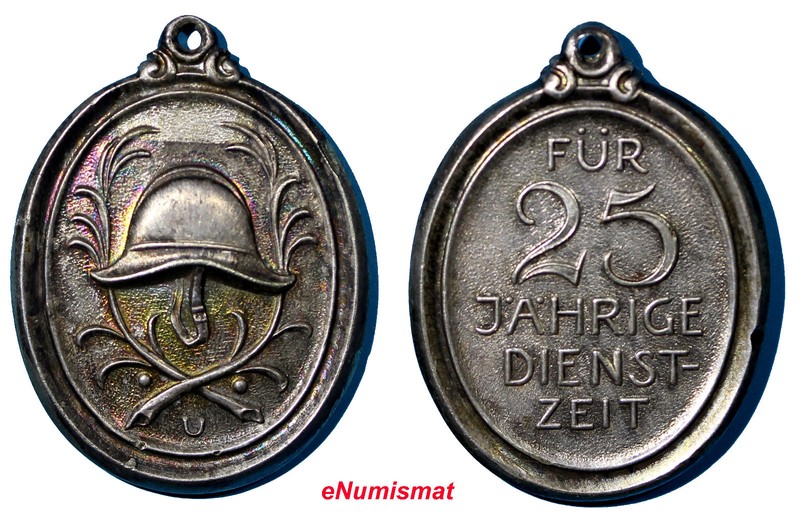 GERMANY Silver Oval Medal 1884 FUR 25 JAHRIGE DIENST-ZEIT Fire Service aUNC (8)