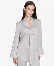 Halston Women's Band-Collar V-Neck Long-Sleeve Tunic Silver Size L $89