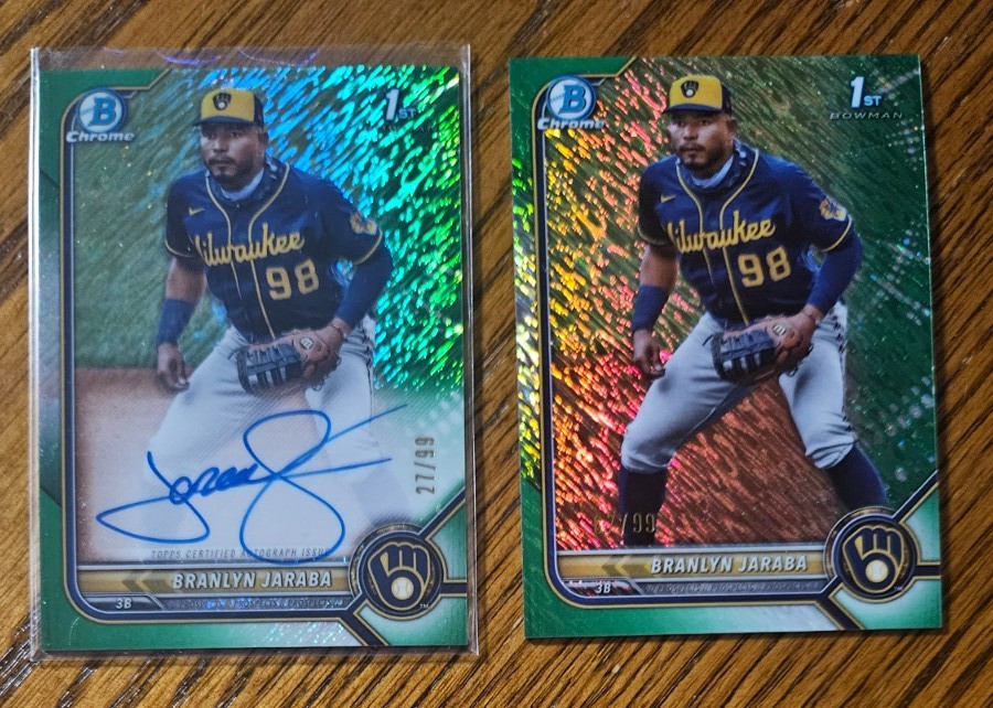 Branlyn Jaraba 1st -2022 Bowman Chrome Auto Green Shimmer #/99 +Green Shimmer