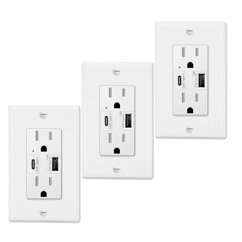 5.8A USB Type C Outlet Wall 15 Amp Duplex Receptacle Tamper-Resistant w/Plate ×3
