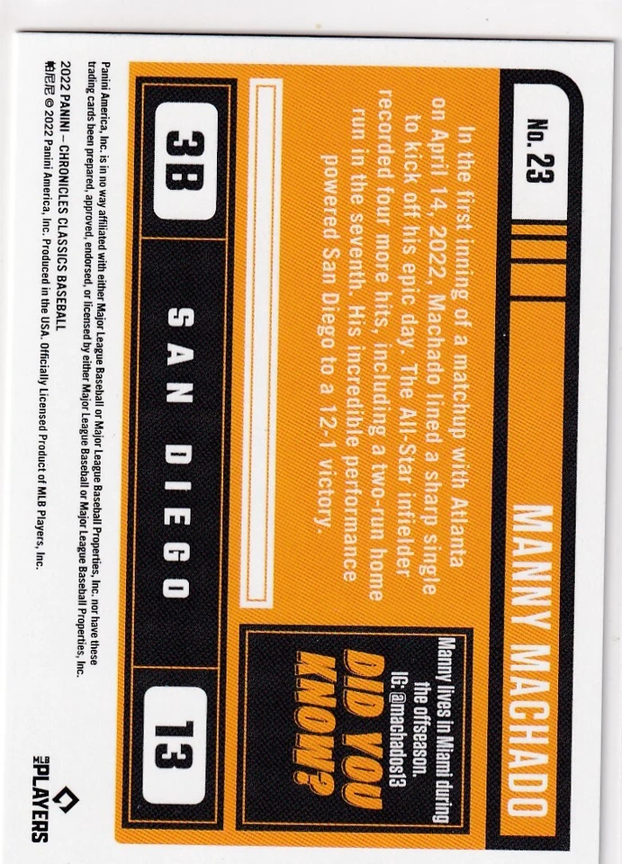 2022 CLASSICS MANNY MACHADO SAN DIEGO PADRES CHRONICLES (AA)-594 - Image 2 of 2