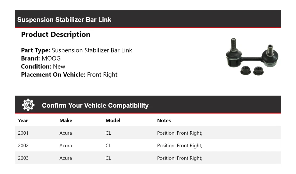 Barra estabilizadora de suspensión delantera derecha MOOG 2001-2003 para Acura CL 2001 2002 Foto 2 de 4