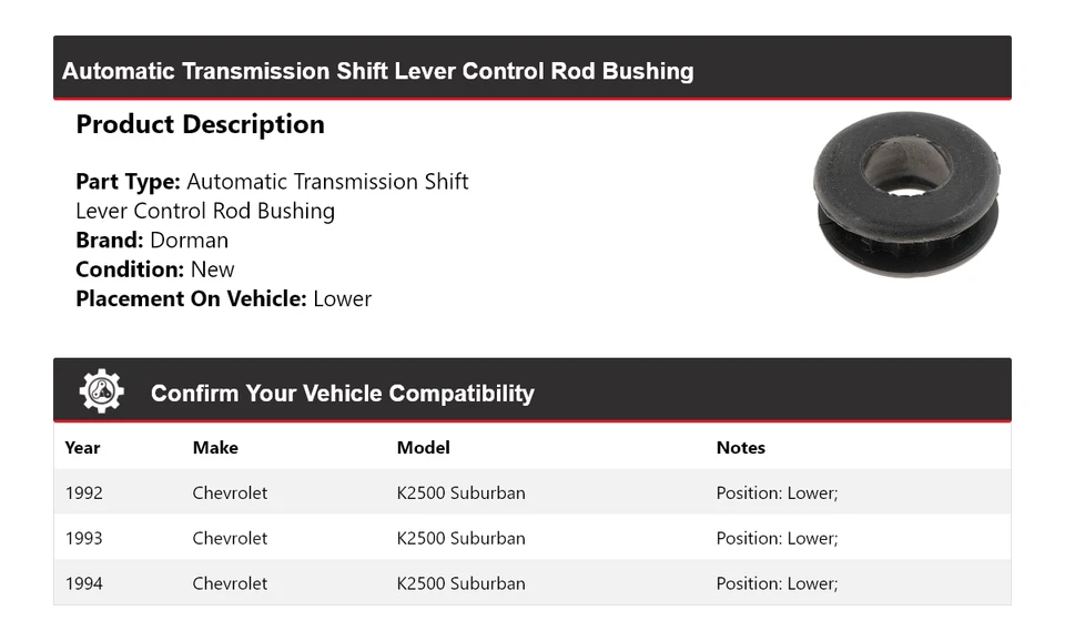 For 1992-1994 Chevrolet K2500 Suburban Dorman AT Shift Lever Control Rod Bushing - Image 2 of 4