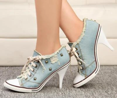 2024 Women Canvas Shoes Denim High Heels Rivets Shoes hot Shoe Sneakers Pumps