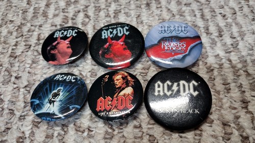 Lot(6) Vintage AC/DC Button Pin 2002/03 Kiss Zeppelin Aerosmith Ozzy ...