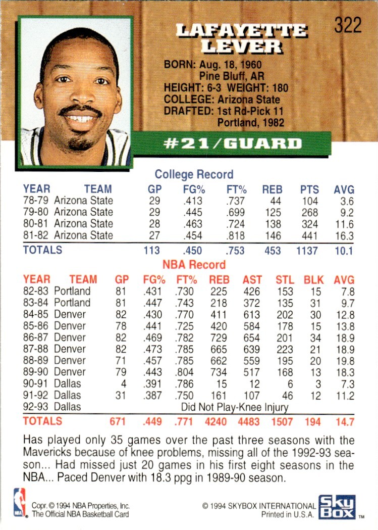 199394 NBA Hoops Basketball Card Lafayette Lever Dallas Mavericks 322