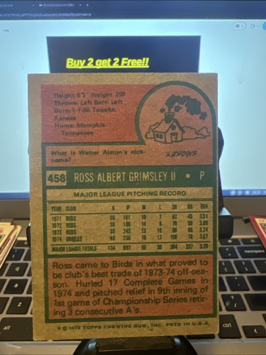 1975 Topps Baseball Ross Grimsley Baltimore Orioles Card #458 - Picture 2 of 2