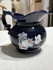 Vintage Cobalt Blue McCoy 7528 Pitcher With Hand Painted White Flowers