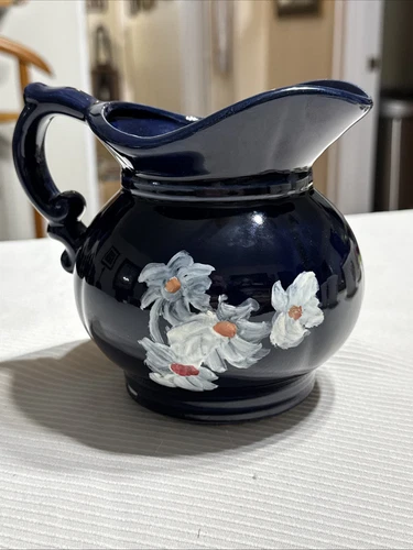 Vintage Cobalt Blue McCoy 7528 Pitcher With Hand Painted White Flowers