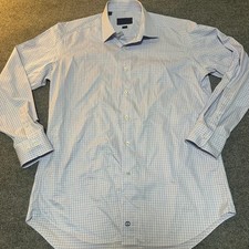 David Donahue Mens Trim Fit Dress Shirt 17 34/35 Blue White Micro Check Cotton