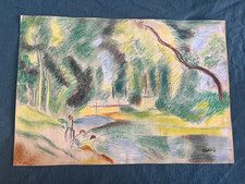 PIERRE AUGUSTE RENOIR drawing and painting on old paper signed stamped vintage