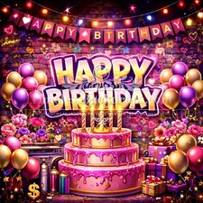 Happy Birthday Backdrop Pink Party 7ftx7ft thru 12Photo BoothBanner 001