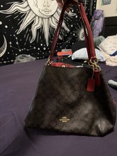 Coach Brown Signature Logo Shoulder Bag Red Leather Strap Gold Hardware Tag