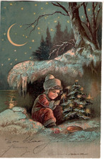 ANTIQUE EMBOSSED CHRISTMAS Postcard YOUNG BOY LIGHTING CANDLES ON TREE