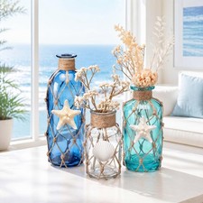 Coastal Glass Vases Set of 3 Rustic Beach Vases with Jute Rope
