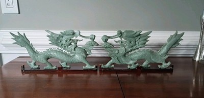 Vintage Pair 12'' Carved Asian Hard Jade / Serpentine DRAGONS Mirrored Statues