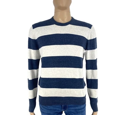 GAP Homme Pull En Coton À Col Rond Rayé Bleu Marine Taille S - Photo 1/4