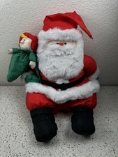 Vintage Stuffins Santa Claus & Elf Green Sack Nylon Plush Christmas Holiday 13"