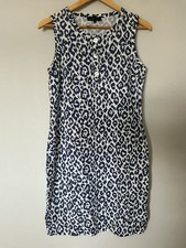 Jaeger Linen Shift Dress Size 10 Blue Patterned Sleeveless, 3 Button Front VGC