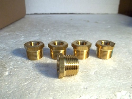 Lot of (5) Solid Brass Reducer Bushing 1/2" NPT Male to 1/4" NPT Female Pipe