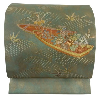 JAPANESE NAGOYA OBI ASH GREEN PURE SILK BB0660