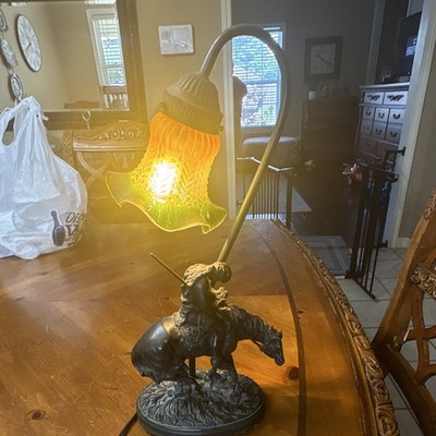 Vintage Accent Table Lamp Horse & Rider Base Green/Amber Bell Shade Corded