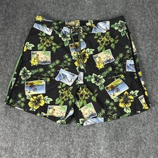 Tommy Bahama Swim Trunks Mens Large Black Hawaiian Floral Postcard Mesh Lined