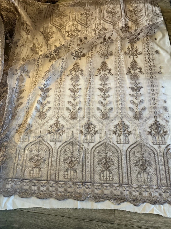 Lilac Grey Embroided Scalloped Bridal lace Fabric 55” - Image 3 of 4