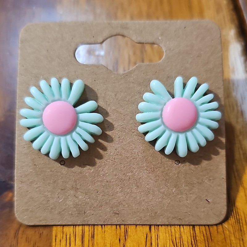 Mint Green Pink Plastic Flower Shape Stud Earrings Flowers & Plants Theme