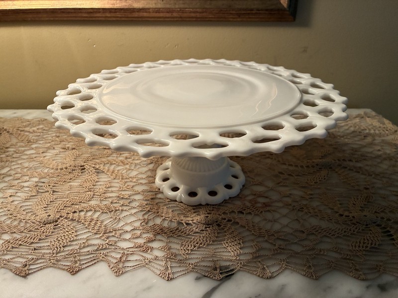 Vintage Westmoreland Doric Lace Milk Glass Pedestal Cake Stand 11 1/2" Diameter