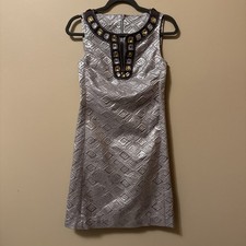 Tory Burch Sz 2 Metallic Silver Shift Dress Geometric Embossed Print