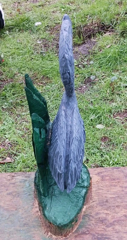 Grey Heron Green Flora Chainsaw Carving Sculpture Statue Art Decor Cypress Wood - Image 3 of 4