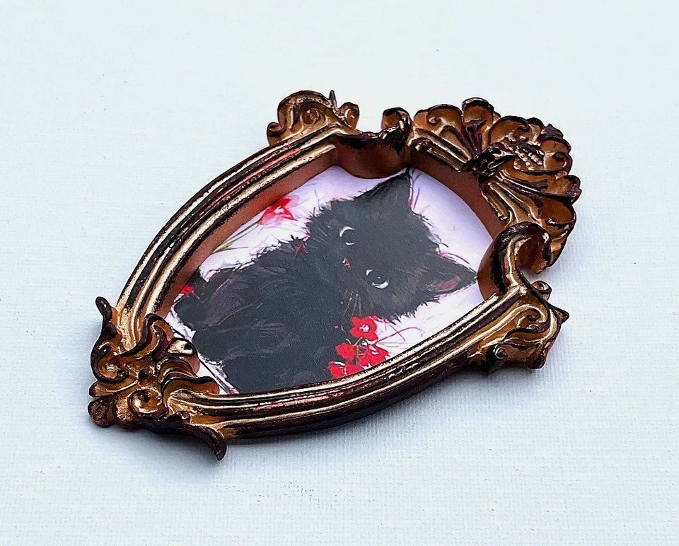 Black Baby Cat Framed Miniature Mini ART PRINT Gold Brown Ornate Frame NOT ACEO - Image 3 of 4