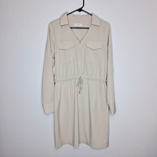 Calvin Klein Womens Collared Long Sleeve Khaki Colored Midi Length Dress Waist